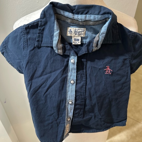 Penguin by Musing Boys Navy Blue Collared Short Sleeve 18 Month - Picture 1 of 2